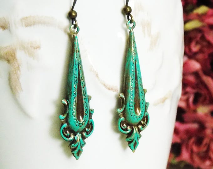 Turquoise Blue Patina Verdigris Brass Victorian Drop Earrings Vintage Style Dangle Earrings Art Nouveau Filigree Earrings