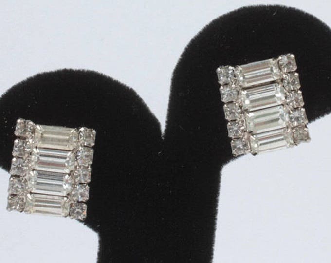 Rhinestone Earrings Baguettes Chatons Clip On Wedding Special Occasion Vintage