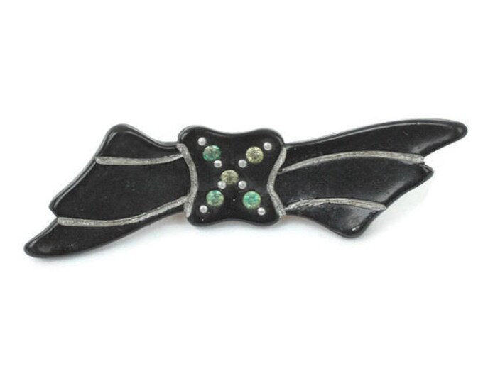 Art Deco Black Celluloid Pin Bow Shape with Rhinestones Etched Design Vintage