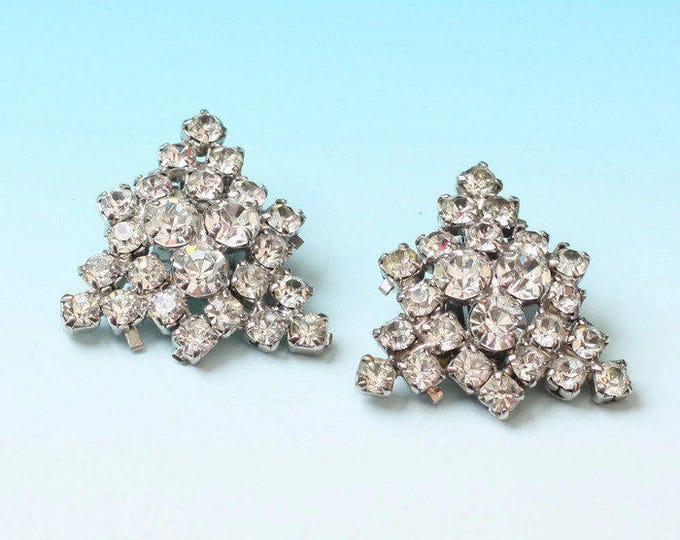 Clear Rhinestone Triangular Shape Clip Earrings Vintage Wedding Bridal Special Occasion