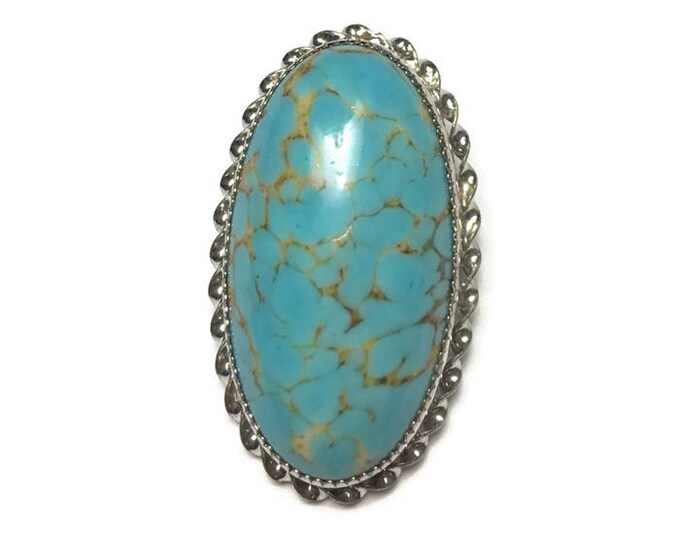 Turquoise Art Glass Oval Pendant or Brooch Sterling Setting Signed Vintage