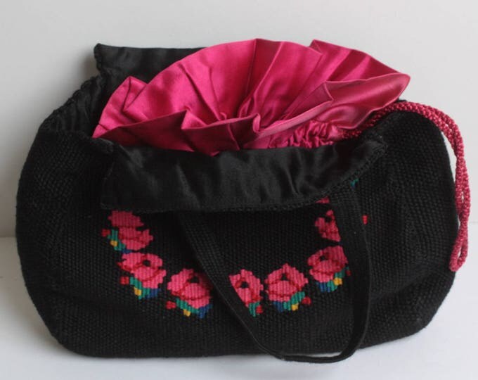 Black Woven Fabric Handbag Embroidered Red Roses Red Satin Lining Boho Vintage
