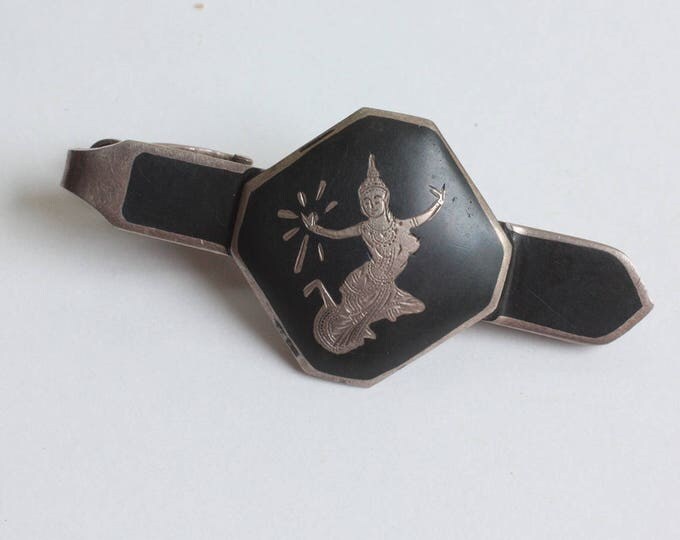 Siam Sterling Niello Enamel Tie Clasp Tie Bar Goddess Mekkala Vintage