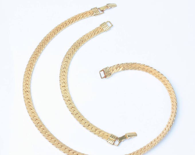 Gold Plated Necklace Bracelet Set Textured Herringbone Link Vintage