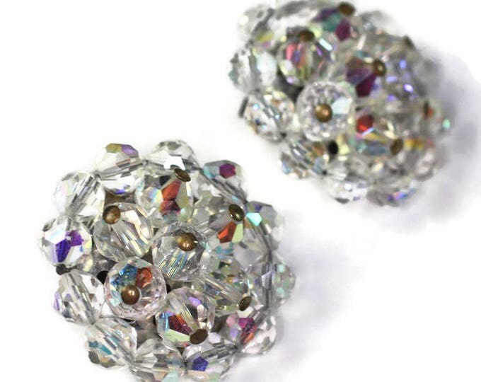 AB Crystal Bead Cluster Earrings Clip On Large Glitzy Bridal Wedding