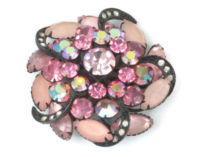 Pink Rhinestone Pinwheel Brooch AB Frosted Stones Japanned Finish Dimensional Vintage