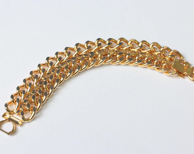 Chunky Double Curb Link Rhinestone Bracelet Gold Tone Wide Retro Style Vintage