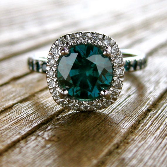 Teal Blue Diamond Engagement Ring in 14K White Gold with