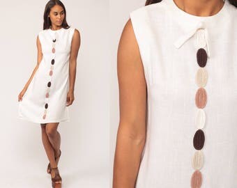 Mod Mini Dress 60s Linen Space Age White Shift 1960s Twiggy Stewardess Vintage Scooter Sleeveless Striped Minidress Medium