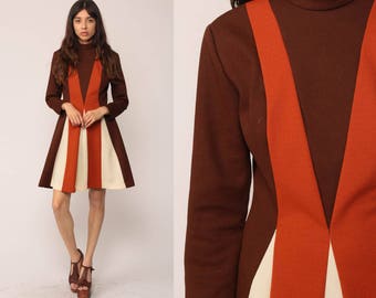 60s Mod Dress MINI Striped 1960s Shift Space Age Stewardess Vintage Twiggy Long Sleeve Sixties Minidress Brown Burnt Orange Medium