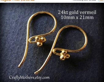 8% off SHOP-WIDE, 5 PAIRS Bali 24kt Gold Vermeil 4 Ball Ear Wires, 21mm x 10mm (10 pcs), 20 gauge, Artisan-made supply