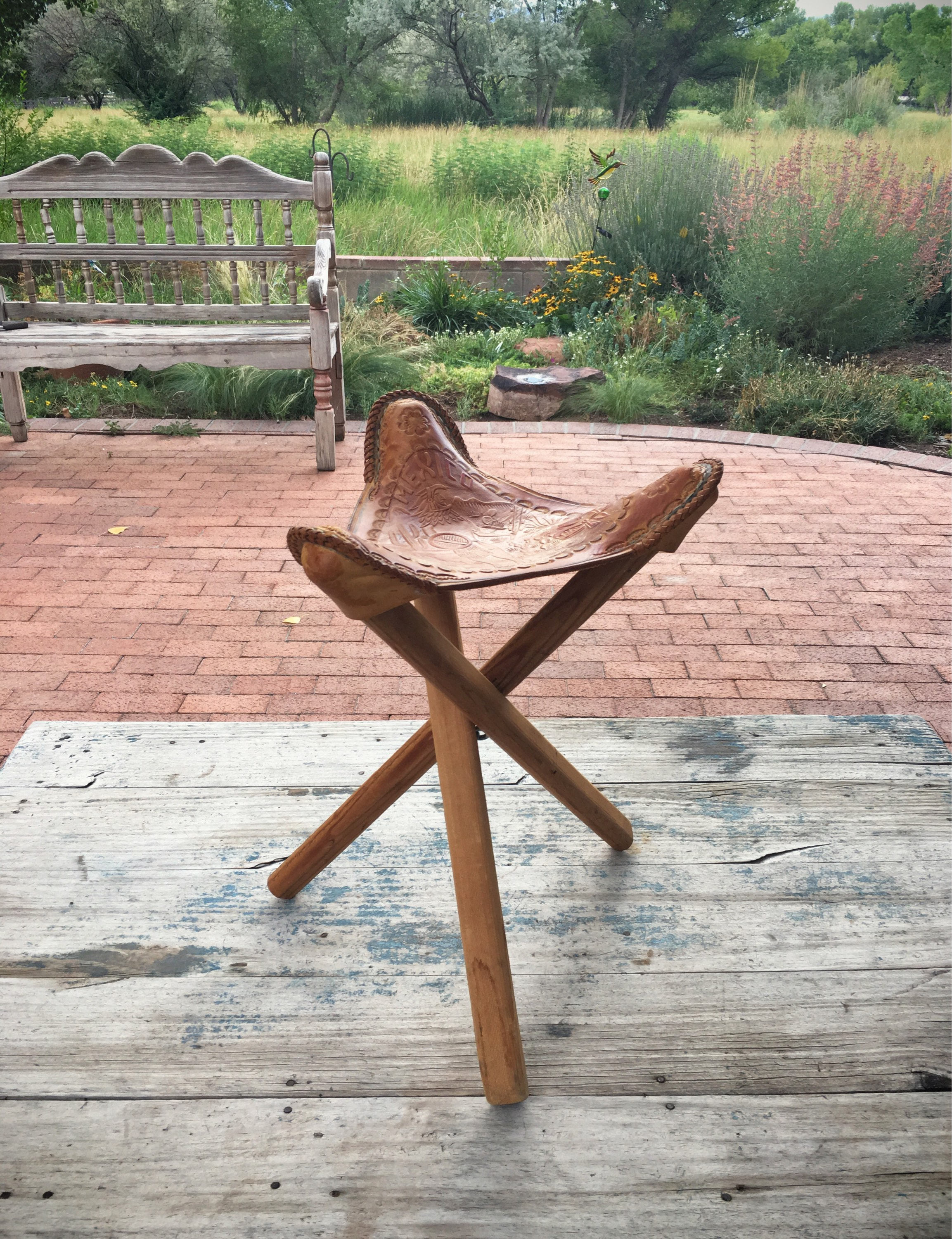 Vintage Mexican tooled leather tripod saddle stool folding legs cowboy
