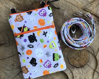 HALLOWEEN Phone Case or Epi-Pen Case with Wristlet and/or Cross Body Shoulder Strap Zipper Closure Glow in the Dark