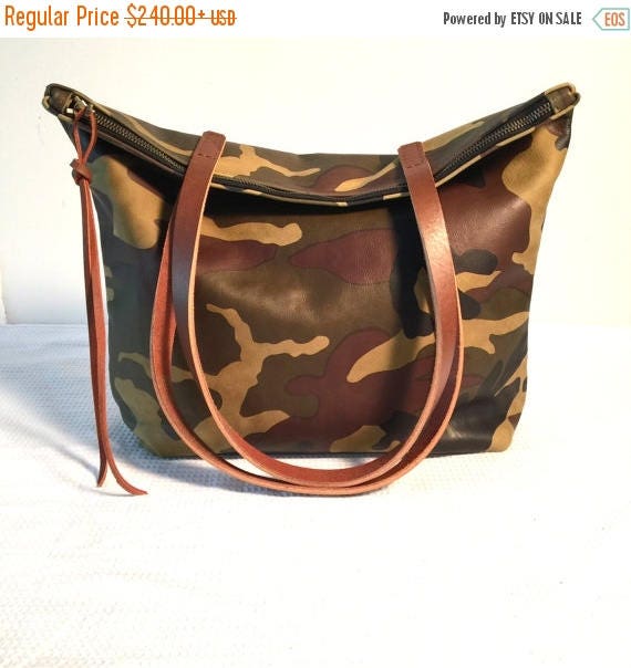summer sale Camouflage Leather Tote Bag with zipper large