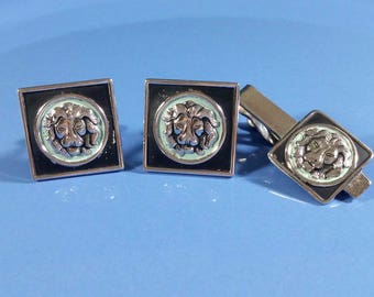 Vintage Cufflinks Lion Head Matte Black Pale Mint Silver Tone Swank Cufflinks Tie Clip Tie Bar Set Black Enamel Square Pale Mint Round Lion