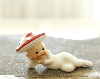 Vintage Red Mushroom Polka Dot Hat Pixie Figurine, Mushroom Pixie, Mid-century Collectible Figurine, Baby Pixie, Elf