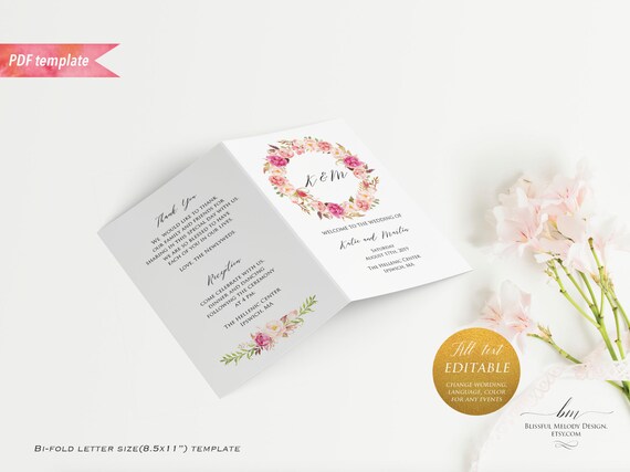 printable light hot pink floral wedding program booklet editable bi wedding program booklet