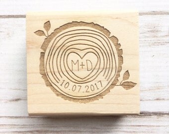 Wedding Stamp Wood Slice Initials and Date - Woodsy Wedding Tree Rings Save the Dates