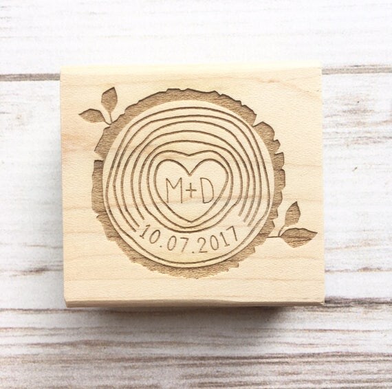 Wedding Stamp Wood Slice Initials and Date Woodsy Wedding