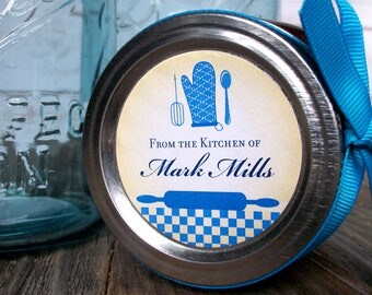 Custom From the Kitchen labels, round blue gingham stickers for canning jars or baked goods, personalized canning labels, jam jar labels