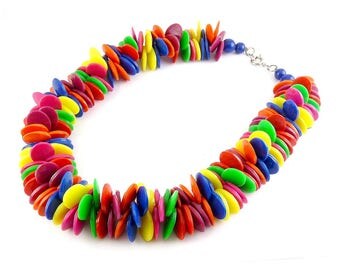 1980s Multicolor Plastic Disks Confetti Bead Necklace