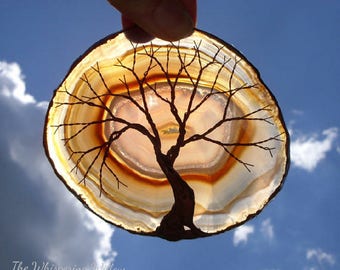 Copper Wire Tree Of Life Metal Wall Art Sculpture Garden Ornament On A Brown Agate Geode Stone Crystal Suncatcher