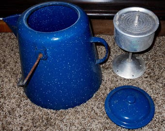 Vintage Blue Speckled Enamelware Coffee Pot w/ Percolator- Cowboy Coffee Pot - Camping - Blue Coffee Pot - Farmhouse Decor