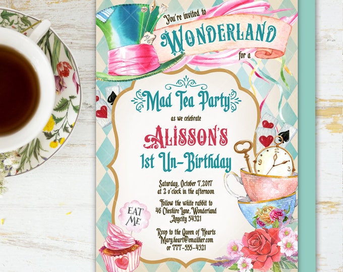Alice in Wonderland Tea Party Bridal Shower Invitation, Mad Hatter Tea Party Bridal Shower Printable Invitation 6v.1