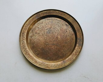 Vintage Brass Etched Arabic Tray - Brass Plate - Moroccan Bohemian Decor