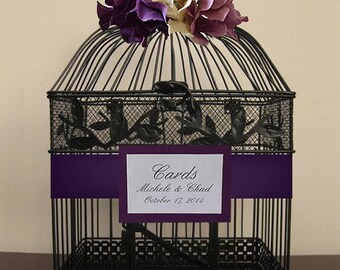 Black Birdcage w Purple, Cream, Lavendar Hydrangeas-Wedding card holder