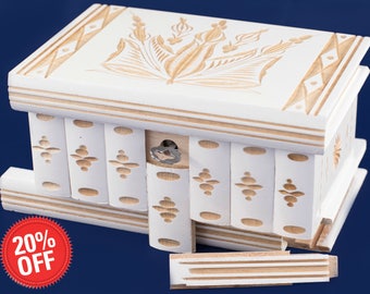 Puzzle Box Painted Carved Jewelry Box Case Wood Comes With Key, Inside Lock (White)