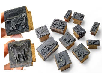 antique wood printing blocks, animals, tiger, zebra, set of 11, letterpress, wood stamps, animal rubber stamps