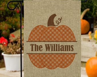 Family Name Pumpkin Personalized Burlap Garden Flag, fall garden flag, custom, orange, halloween, thanksgiving, home decor -gfy830106072BDS