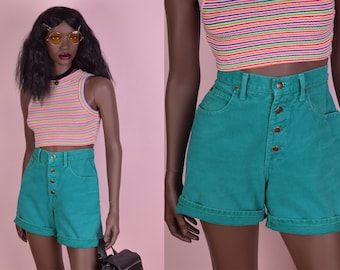 90s High Waisted Turqouise Denim Shorts/ US 7/ 1990s/ Jean Shorts