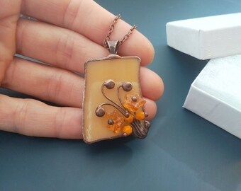 Stained glass jewelry, gift for women, unusual jewelry, glass beaded pendant, artistic jewelry