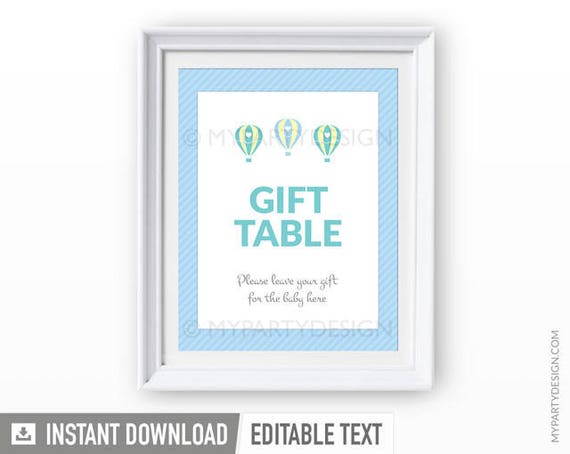 Hot Air Balloon Party - Gift Table Sign - Editable Sign - Boy Baby Shower - Blue Green - INSTANT DOWNLOAD - Printable PDF with Editable Text Il_570xn