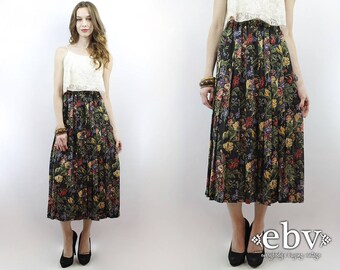 Floral Midi Skirt Black Floral Skirt Pleated Skirt Black Skirt 90s Skirt Soft Grunge Skirt 1990s Skirt 90s Midi Skirt High Waisted Skirt S M