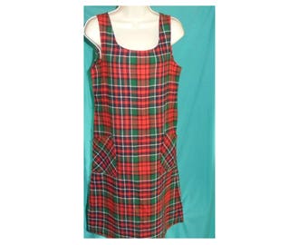 Vintage Blair Boutique Size 6 Petite Sleeveless Dress Plaid Jumper Red Green Pockets Polyester & Recycled Wool