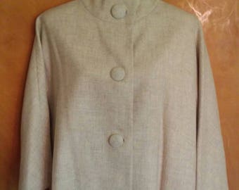 Vintage early 1960s light wool coat with large matching covered buttons and stand up Nehru collar