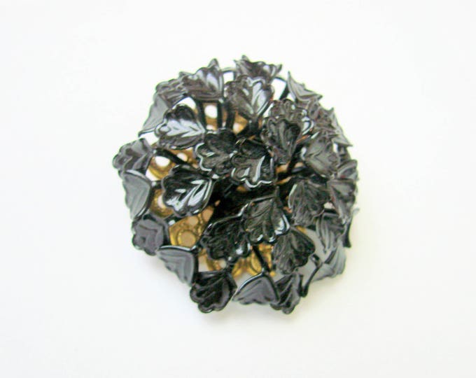 Vintage Textured Bold Black Enamel Dome Cluster Brooch / Leaf Motifs / Goldtone Filigree / Vintage Jewelry / Jewellery