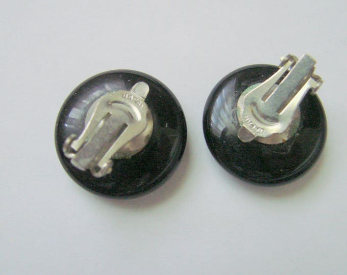 Vintage 1950s Black Lucite Cabochon Button Earrings / Clips / Jewelry / Jewellery / CIJ Sale 20% Coupon Code (CIJSale1)