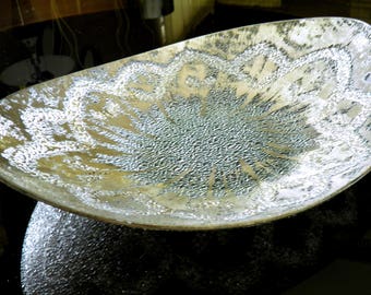 1960's AUTHENTIC Dorothy C. Thorpe Brushed Sterling Silver Bowl--13" L x 10" W x 2-1/4" D--Textured Art Glass--STUNNING