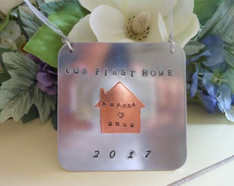 Our First Home Ornament, Housewarming Gift, Personalized Aluminum Ornament, Hand Stamped Gift, Metal Hanging, Personalized Gift