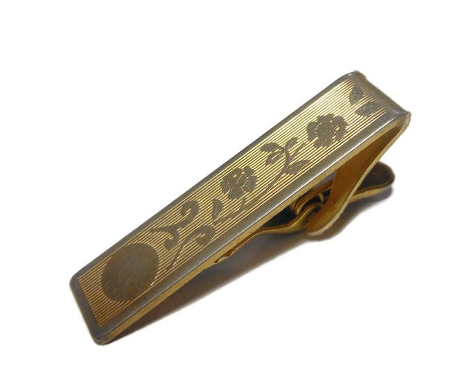 Art Nouveau tie clip, gold floral roses, tie tack clasp, etched design hipster, wedding party groom, can be monogrammed vintage