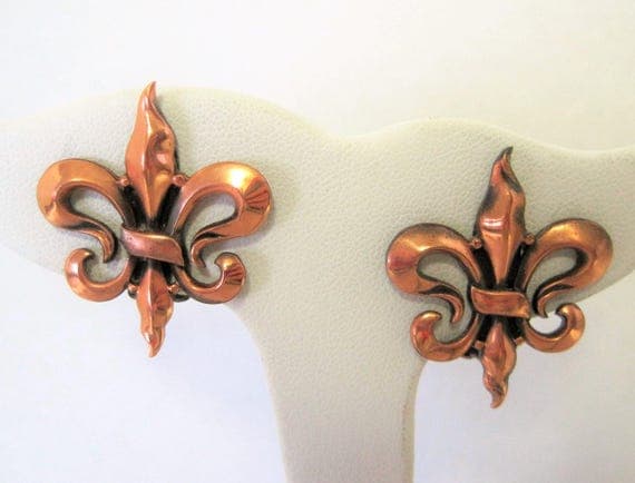 Renoir Copper Earrings - Fleur de Lis Modernist - Mid Century- Clip On Signed