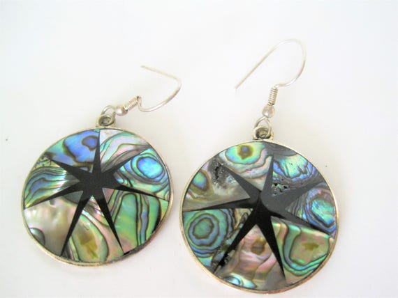Abalone Alpaca Earrings - Mexico Alpaca - Abalone Inlaid - Onyx Design - Dangle Earrings