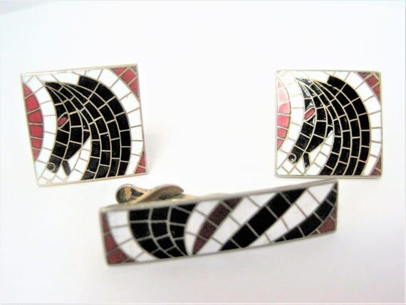 Horse Enamel CuffLinks - Vintage 50's Swank - Mosaic Enamel Red Black White - 50's Trojan Horse