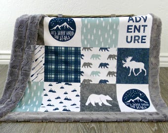 Minky Baby Blanket- Lumberjack Baby Boy Blanket- Navy Baby Boy Bedding- Adventure Blanket- Woodland Nursery- Rustic Nursery