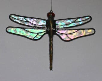 Stained Glass DRAGONFLY Suncatcher, Rainbow Flight, Clear Iridescent Wings, Handcast Metal Body, USA Handmade Original, Iridescent Dragonfly