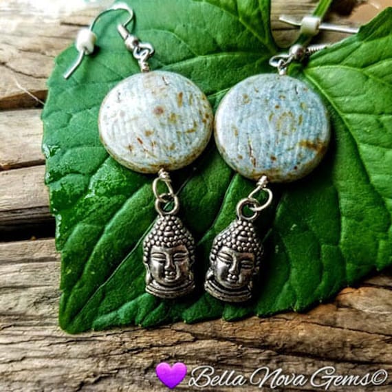 Blue Green Ceramic Flat Bead Buddha Dangle Earrings Under 20 Dollars E-0432